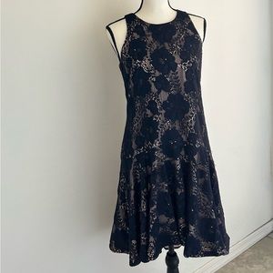 Eliza J sleeveless nude color with black lace layered floral design